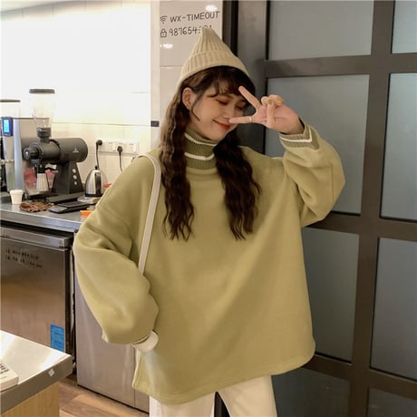 フリース トレーナー プルオーバー 韓国ファッション レディース ゆったり ハイネック トレーナー 体型カバー シンプル レトロ 春 秋 冬 大人カジュアル (DTC-605871158785)