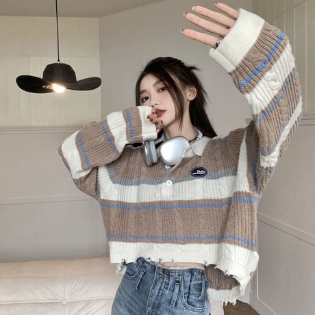 ボーダー柄 ニット POLO襟 裾ダメージ ボーダーニット ダメージニット ショート丈 ルーズ 長袖 レトロ 韓国ファッション レディース 大人可愛い ガーリー DTCA-744319817126