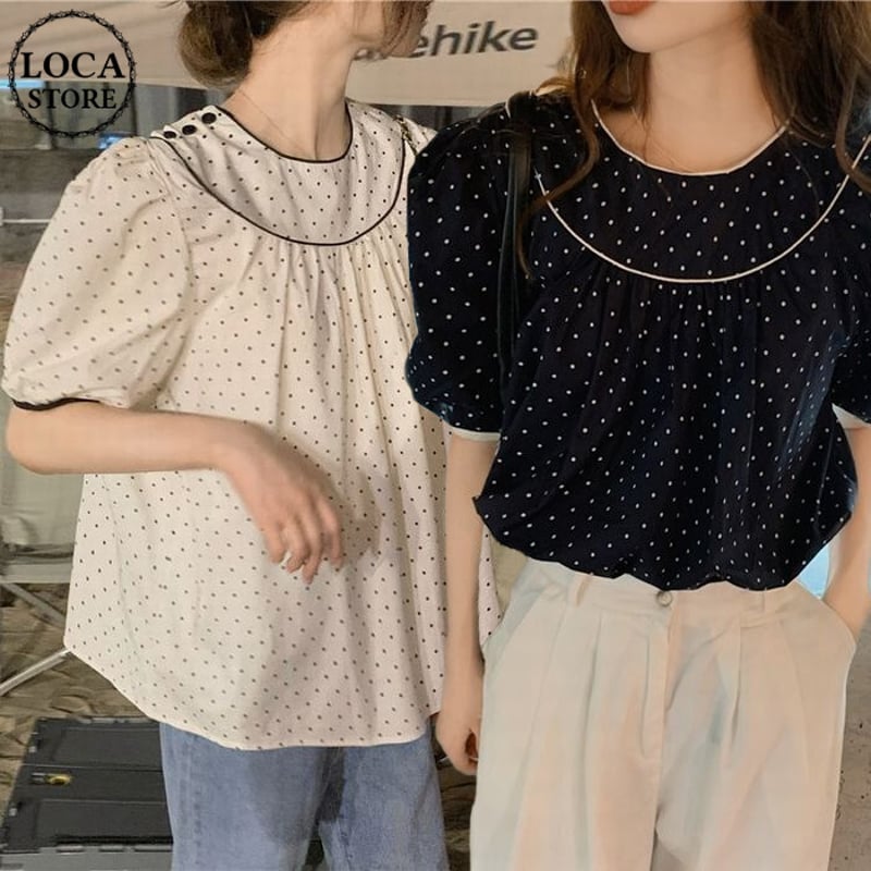 ドット柄 ブラウス パフ袖 半袖 薄手 韓国ファッション レディース