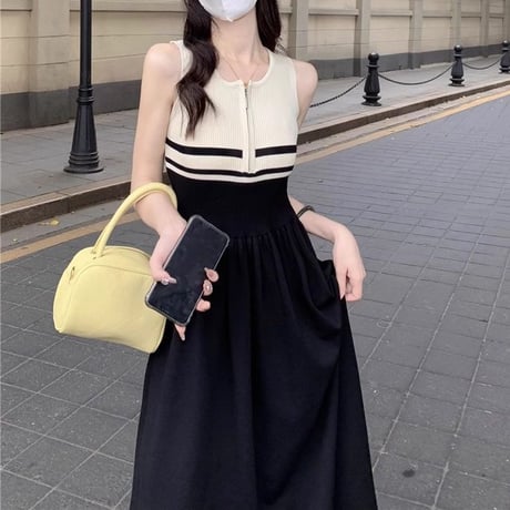 ニットワンピース ノースリーブ ファスナー サマーニット スリムフィット Aライン ロングワンピース ハイウエスト レトロ 大人可愛い ガーリー DTCA-823649264982