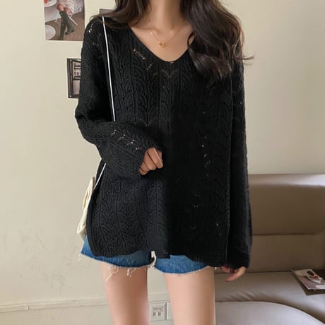 ニット セーター 透かし編み 薄手 トップス かぎ編み Vネック 長袖 ルーズ ゆったり レトロ 韓国ファッション レディース 大人可愛い ガーリー DTC-624569016145