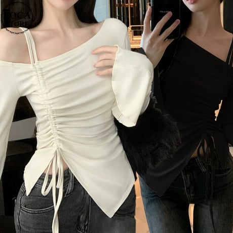 Tシャツ ワンショルダー ギャザー カットソー トップス ショート丈 不規則 スリムフィット アプリコット ブラック シンプル 長袖 レトロ 大人可愛い ガーリー DTCA-757439921172
