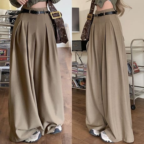 モップパンツ タック ワイドパンツ ドレープ フレア ハイウエスト ルーズ レトロ 韓国ファッション レディース 大人可愛い ガーリー DTC-760473405376