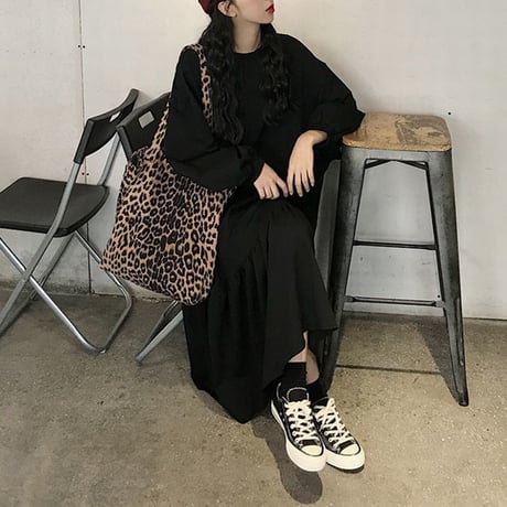ワンピース 裾フレア ボリューム袖 韓国ファッション レディース ロング丈 ゆったり パフ袖 長袖 レトロ DTC-600921917884