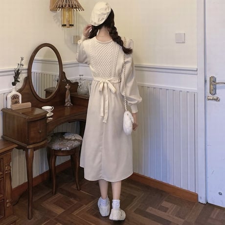 ワンピース Vネック 長袖 ハイウエスト ルーズ 韓国ファッション レディース ランタンスリーブロング丈 秋冬 ゆったり 大人可愛い ガーリー DTC-631969939063