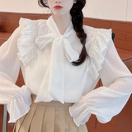 ブラウス リボンタイ フリル Vネック フレアスリーブ 長袖 レトロ 韓国ファッション レディース 大人可愛い ガーリー フェミニン DTC-662406760611
