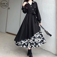 トレンチコート風 ワンピース フェイクレイヤード 花柄 襟付き Vネック Aライン ウエストマーク ロングワンピース ハイウエスト ロング丈 大人可愛い ガーリー DTCA-683349478548