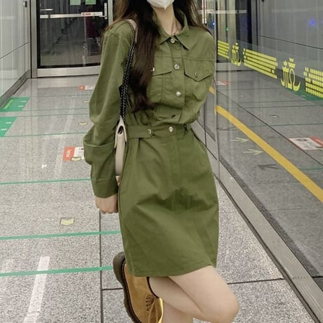 ミリタリー風 シャツワンピース ハイウエスト ポケット 長袖 ワンピース レトロ 韓国ファッション レディース 大人可愛い ガーリー カジュアル DTC-680373706455