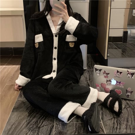 ルームウェア パジャマ セットアップ 上下セット クマちゃん フリース 厚手 部屋着 寝間着 大人可愛い ガーリー DTC-665764771878