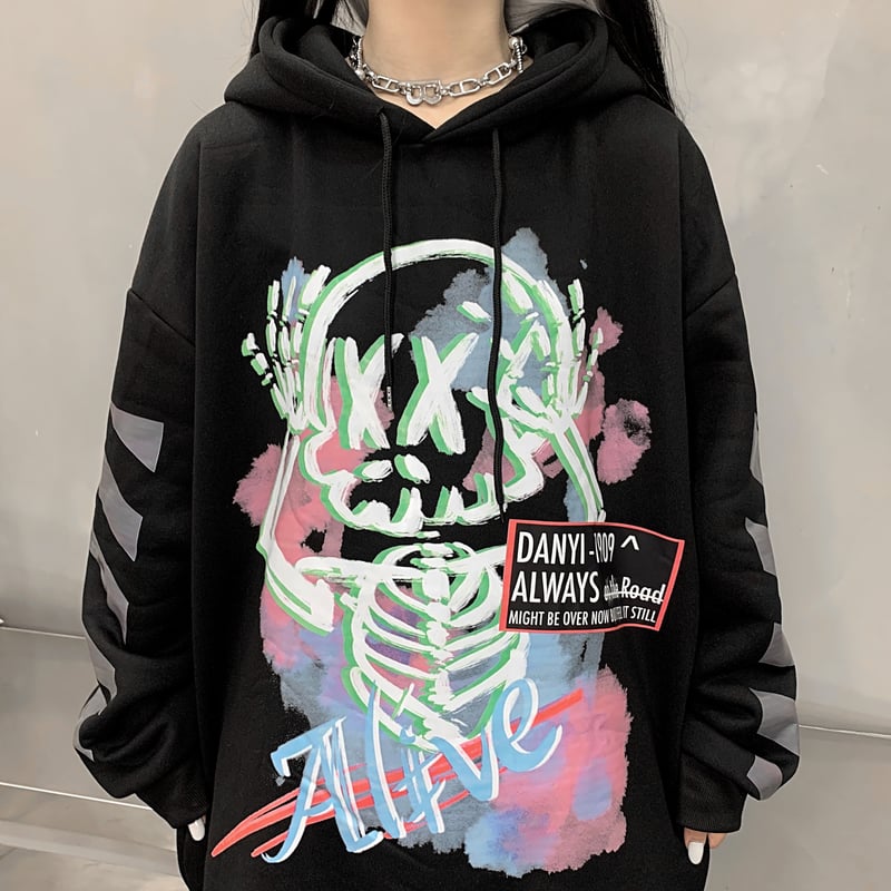 ユニセックス パーカー スケルトン 袖プリント バックプリント プラス