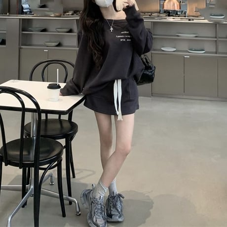 セットアップ 上下セット スエット オフショルダー トップス ミニスカート 長袖 レトロ 大人可愛い ガーリー カジュアル DTCA-845727065601