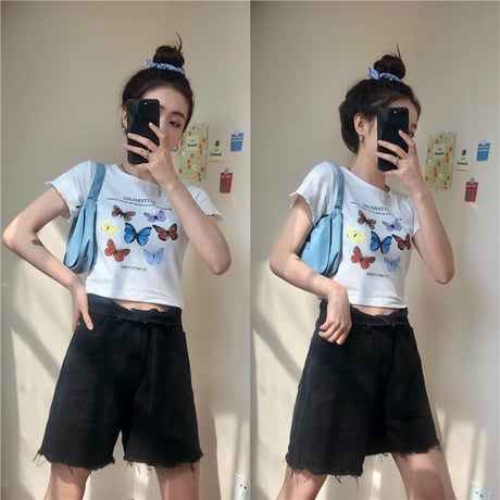 Tシャツ 半袖 袖切りっぱなし ショート丈 バタフライ 蝶 ホワイト 韓国ファッション レディース 大人可愛い ガーリー DTC-614247121002_wt
