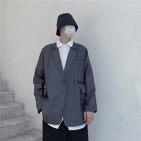 サイドベルト テーラードジャケット ユニセックス 韓国ファッション レディース メンズ シングルブレスト ルーズ ゆったり フォーマル 大人可愛い ガーリー DTC-625445762684
