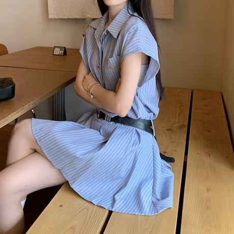 ストライプ柄 シャツワンピース 半袖 プリーツ ショート丈 ミニワンピース Aライン ワンピース レトロ 大人可愛い ガーリー 韓国ファッション レディース DTC-793096900642