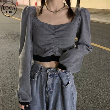 Tシャツ 長袖 スクエアネック ショート丈 プルオーバー ロングTシャツ ロンT カットソー ゆったり 韓国ファッション レディース カジュアル DTC-654629361140