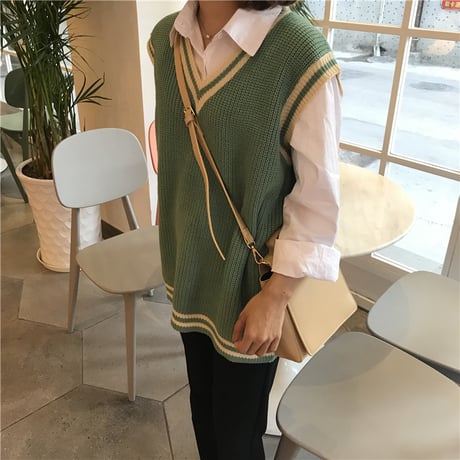 ニットベスト ルーズ Vネック ライン 韓国ファッション レディース ベスト ノースリーブ セーター シンプル レトロ 大人可愛い ガーリー DTC-626062121270