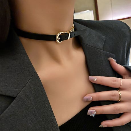 ベルトバックルモチーフ チョーカー PUレザー スネークチェーン ネックレス アクセサリー 合金 メッキ シンプル ジュエリー DTC-632733218175