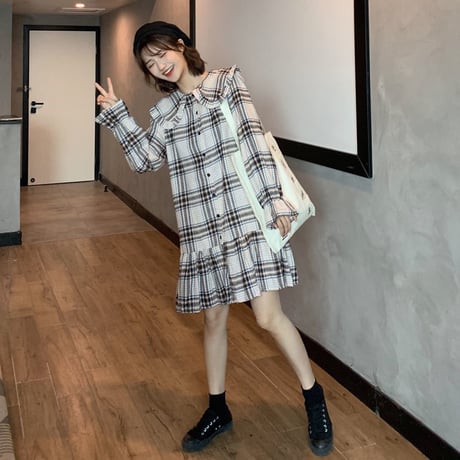 チェック柄 ワンピース フリル フロントボタン 韓国ファッション レディース シャツワンピース シングルブレスト 長袖 体型カバー 秋冬 秋 冬 (DTC-600797687356)