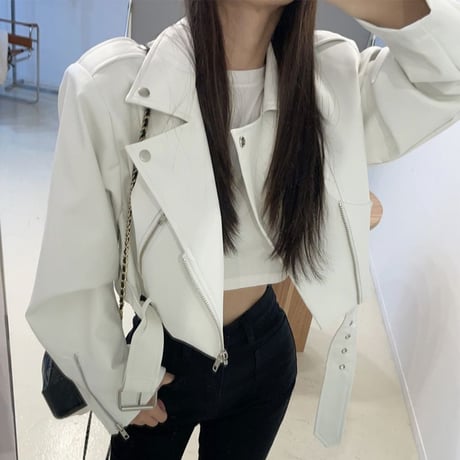 ライダースジャケット フェイクレザー ショート丈 PU ライトアウター レザージャケット ファスナー 長袖 レトロ 大人可愛い ガーリー DTCA-878196317551