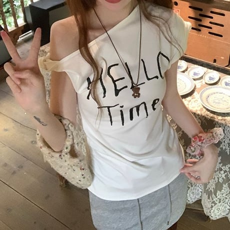 Tシャツ ワンショルダー レタープリント ロゴプリント トップス カットソー 半袖 レトロ 大人可愛い ガーリー DTCA-924718609909