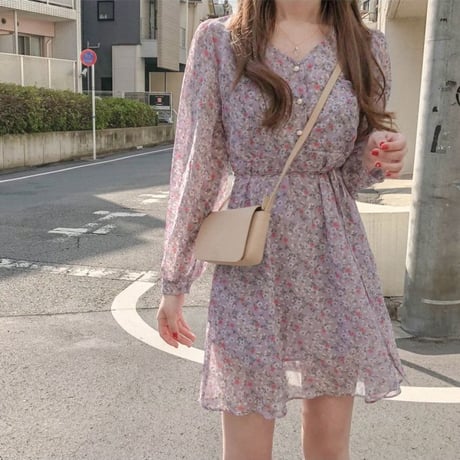 レディース フラワー ワンピース 花柄 フロントボタン レース レトロ ハイウエスト パープル イエロー 韓国 韓国ファッション (DTC-589545576079)