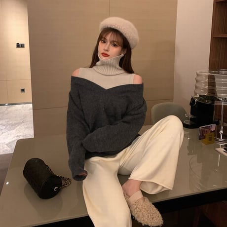 ドッキング ニット セーター ハイネック オープンショルダー 韓国ファッション レディース フェイクレイヤード 肩あき ルーズ ゆったり 大人可愛い ガーリー DTC-630951104613