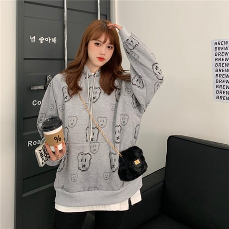 パーカー クマちゃん プラスベルベット プルオーバー 韓国ファッション レディース ルーズ ゆったり カジュアル ストリート系 DTC-632243442587