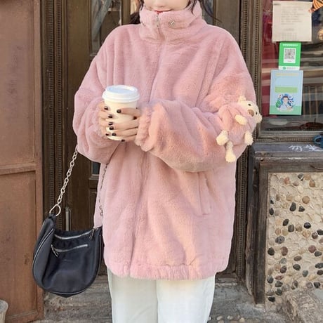 クマのぬいぐるみ付き ボアジャケット ボアブルゾン ゆったり アウター レトロ 韓国ファッション レディース 大人可愛い ガーリー フェミニン カジュアル DTC-657634169827