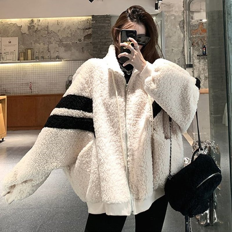 ボアブルゾン ボアジャケット 袖ライン アウター フェイクラムウール