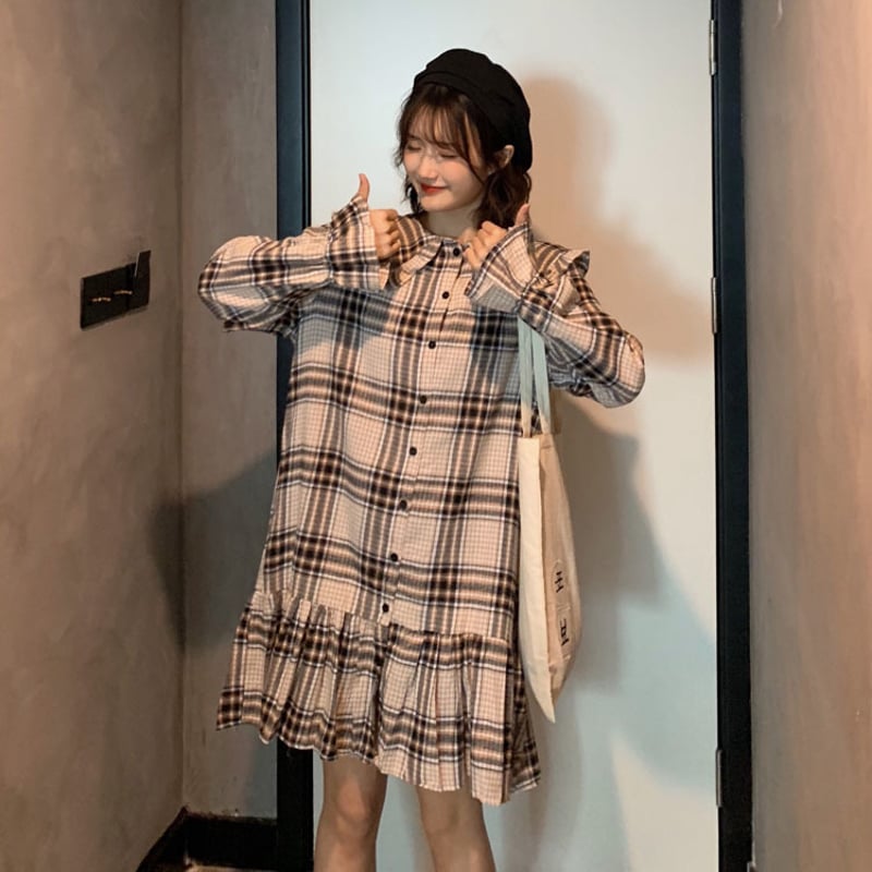 チェック柄 ワンピース フリル フロントボタン 韓国ファッション