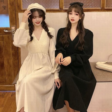 ワンピース Vネック 長袖 ハイウエスト ルーズ 韓国ファッション レディース ランタンスリーブロング丈 秋冬 ゆったり 大人可愛い ガーリー DTC-631969939063