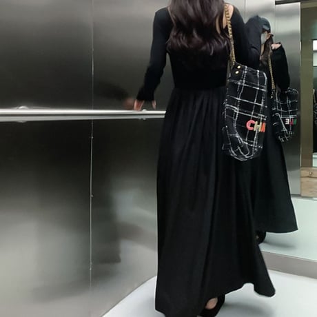 マキシ丈 ワンピース ウエストスリム ハイウエスト 長袖 Aライン シンプル レトロ 韓国ファッション レディース 大人可愛い ガーリー DTC-681602766875