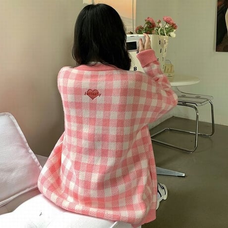 チェック柄 ニットカーディガン ハート ラウンドネック 長袖 オーバーサイズ 韓国ファッション レディース ニット カーディガン 大人可愛い ガーリー カジュアル DTC-652488720754