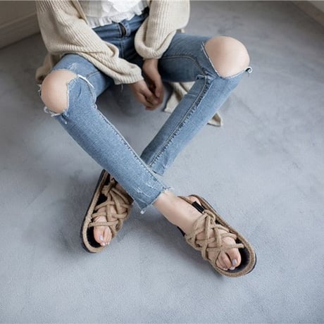 レディース ロープサンダル 編み上げサンダル フラットサンダル 麻ストラップ ぺたんこ 韓国ファッション (DCT-570494594775)