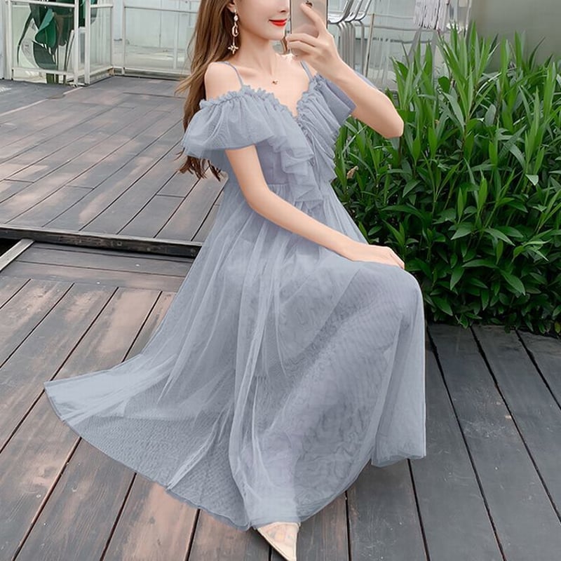 fletta オフショルダー グレー ワンピース レディース オフショルダー風フリルワンピース レース 肩開き 肩出し