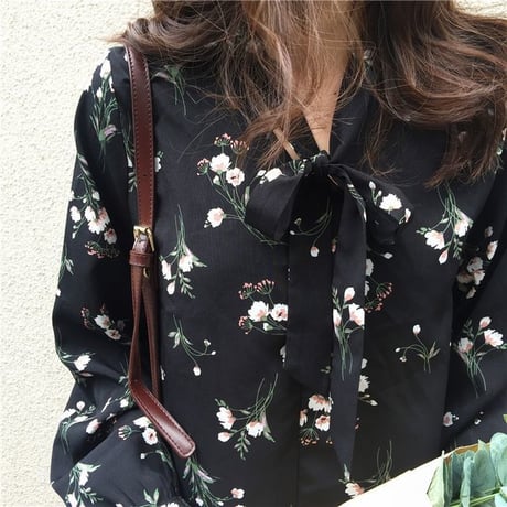 レディース リボン 花柄ワンピース ロング丈 ボウタイ フェミニン 韓国ファッション オルチャン (DCT-575431180054)