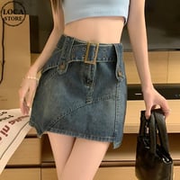 デニムスカート ベルト付 インナーパンツ 不規則デザイン ハイウエスト デニム ミニスカート レトロ 韓国ファッション レディース 大人可愛い ガーリー カジュアル DTC-675624432030