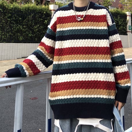 ニット セーター レインボー マルチカラー ツイストロープ 厚手 長袖 オーバーサイズ 韓国ファッション メンズ レディース カジュアル ストリートファッション DTC-655014348895
