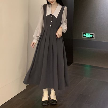フェイクレイヤード ワンピース ドッキングワンピース ブラウス ジャンパースカート 長袖 ロング丈 ハイウエスト 韓国ファッション レディース 大人可愛い ガーリー DTC-658115140150
