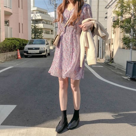 レディース フラワー ワンピース 花柄 フロントボタン レース レトロ ハイウエスト パープル イエロー 韓国 韓国ファッション (DTC-589545576079)
