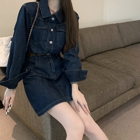 デニム ワンピース 襟付き ハイウエスト ショート丈 長袖 レトロ 韓国ファッション レディース 大人可愛い ガーリー フェミニン DTC-668109841308