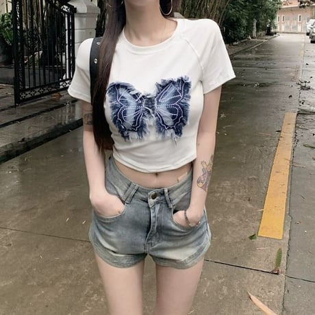 tシャツ バタフライ パッチワーク クロップド丈 ショート丈 スリムフィット トップス スリムトップス へそ出し 半袖 レトロ カジュアル ストリート女子 DTCA-780988742873