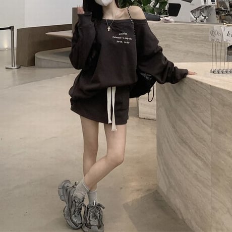 セットアップ 上下セット スエット オフショルダー トップス ミニスカート 長袖 レトロ 大人可愛い ガーリー カジュアル DTCA-845727065601