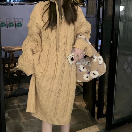 ケーブル編み ニットワンピース ロング丈 ニット 長袖 ゆったり クルーネック ルーズウエスト 韓国ファッション レディース カジュアル 大人可愛い ガーリー DTC-665138187843