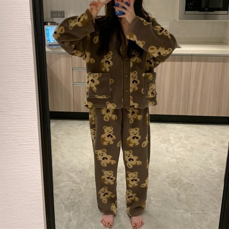ルームウェア パジャマ セットアップ 上下セット クマ柄 ベアー もこもこ ボア 部屋着 寝間着 大人可愛い ガーリー フェミニン DTC-631259004557