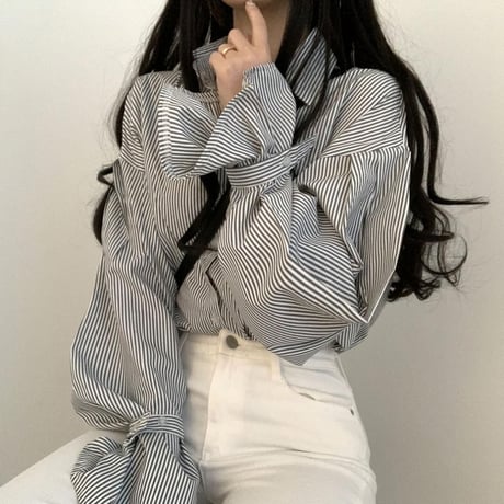 ストライプ柄 ブラウス パフスリーブ 袖ベルト シャツ トップス ルーズ 長袖 レトロ 韓国ファッション レディース 大人可愛い ガーリー DTCA-781970734875