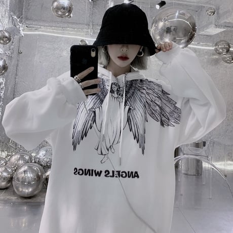 プルオーバー パーカー ユニセックス プラスベルベット 韓国ファッション メンズ レディース 天使 羽 プリント オーバーサイズ ストリート カジュアル DTC-604563611550