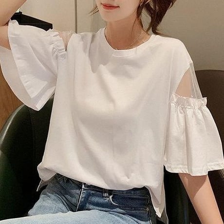 tシャツ シアースリーブ トップス クルーネック シアーtシャツ ゆったり ルーズ 半袖 レトロ 大人可愛い ガーリー カジュアル DTCA-716370765020