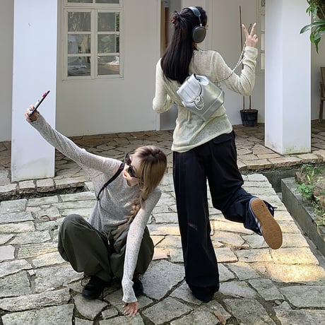 シアートップス パラシュートパンツ シアーTシャツ トップス ワイドパンツ ドローコード 長袖 セットアップ 韓国ファッション レディース 大人可愛い ガーリー DTC-768485999145