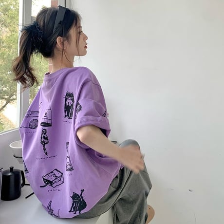 tシャツ 漫画風プリント トップス 半袖 クルーネック オーバーサイズ ルーズ ゆったり カジュアル レトロ 韓国ファッション レディース DTC-771349016436